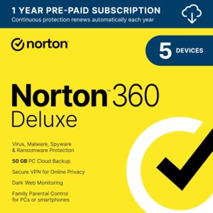 Norton 360 Deluxe 2025, Antivirus software for 5 Devices with Auto Renewal - Includes VPN, PC Cloud Backup