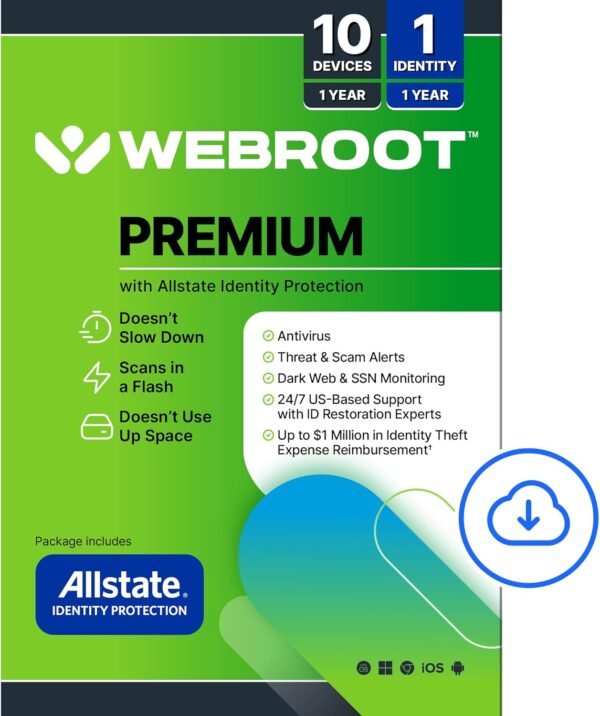 Webroot Premium 2025 with Allstate Identity Protection | 10 Device